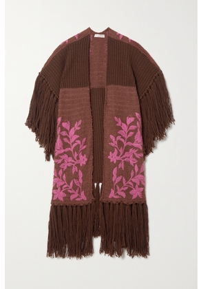 Valentino Garavani - Fringed Embroidered Wool And Silk-blend Wrap - Brown - x small,small,medium,large,x large