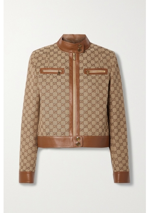 Gucci - Aria Leather-trimmed Logo-jacquard Cotton-blend Canvas Jacket - Neutrals - IT36,IT38,IT40,IT42,IT44,IT46