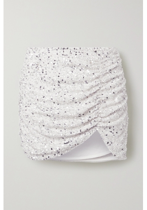 Retrofête - Celestia Ruched Sequined Crepe De Chine Mini Skirt - White - x small,small,medium,large,x large