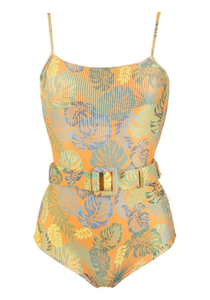 Amir Slama palm leaf print belted swimsuit - Orange
