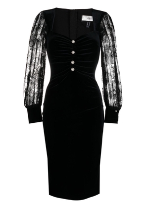 NISSA sheer-sleeves velvet bodycon dress - Black
