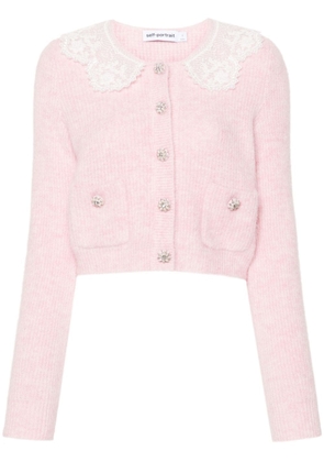 Self-Portrait lace-panelling cropped cardigan - Pink