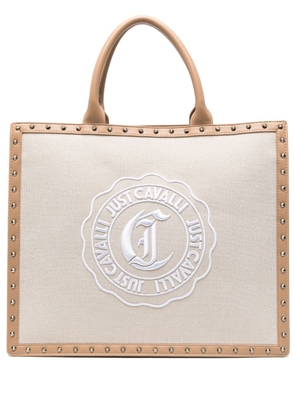 Just Cavalli logo-embroidered canvas tote bag - Neutrals