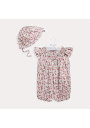 Floral Hand-Smocked Shortall and Hat Set