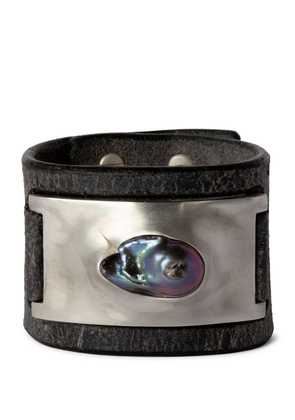 Parts Of Four Leather, Acid Treated Silver-Plated Brass And Black Rainbow Pearl Amulet Cuff