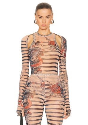 Jean Paul Gaultier Printed Mariniere Tattoo Long Sleeve Shawl in Nude  Blue  & Red - Nude. Size XS (also in XXS).