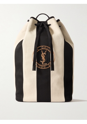 SAINT LAURENT - Logo-Embroidered Leather-Trimmed Striped Cotton-Canvas Sling Backpack - Men - Black