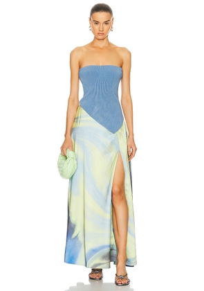 SIMKHAI Kory Bustier Combo Midi Dress in Marina Blue Print - Blue. Size L (also in S).