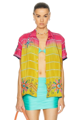 HARAGO Sequin Short Sleeve Shirt in Multi - Yellow. Size M (also in XL/1X).