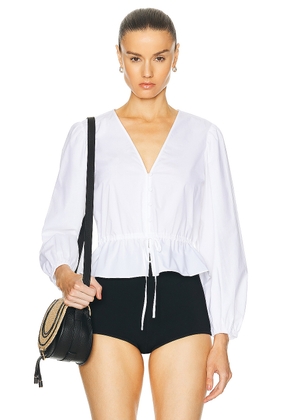 FRAME Cinched V-Neck Blouse in White - White. Size M (also in S, XS).