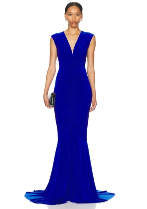 Norma Kamali Sleeveless Deep V Neck Shirred Front Fishtail Gown in Electric Blue - Royal. Size S (also in XS).