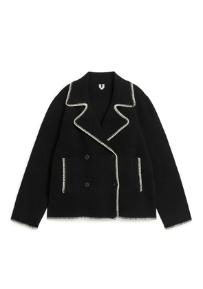 Knitted Contrast Stitching Jacket - Black
