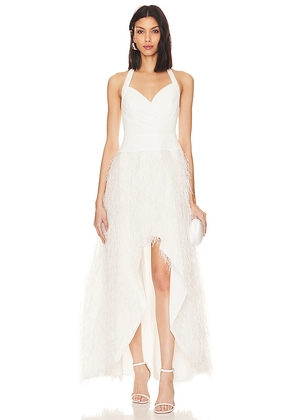 BCBGMAXAZRIA Feathered Evening Dress in Ivory. Size 10, 4, 6.