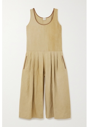 Tod's - Cropped Pleated Leather-trimmed Linen And Cotton-blend Jumpsuit - Neutrals - IT36,IT38,IT40,IT42,IT44