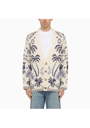 Alanui White/blue Jacquard Cardigan In Wool And Cotton
