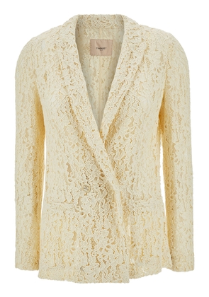 Twinset Cream White Double-Breasted Jacket With Logo Patch In Lace Woman