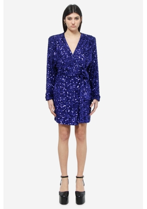 Rotate By Birger Christensen Mini Blue Wrap Dress With All-Over Sequins In Stretch Polyester Woman Rotate