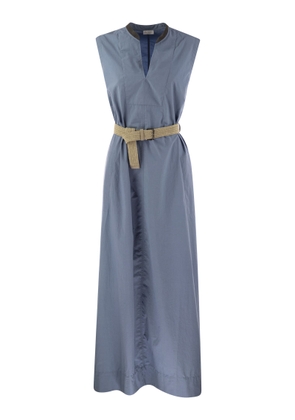 Brunello Cucinelli Wrinkled Light Cotton Poplin Dress With Raffia Belt And Precious Neckline