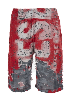 Diesel Red And Grey Shorts With Logo Print In Destroyed Jersey Man