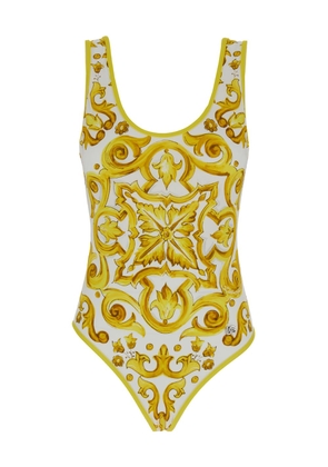 Dolce & Gabbana Yellow And White One-Piece Swimsuit With Majolica Motif In Stretch Polyamide Woman