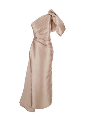 Solace London Priya Beige Long One-Shoulder Dress With Oversized Bow In Satin Woman