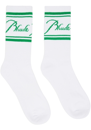 Rhude White & Green Script Socks