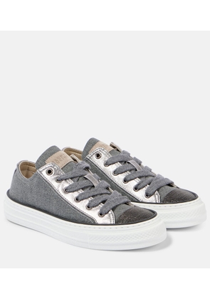 Brunello Cucinelli Beaded leather-trimmed canvas sneakers