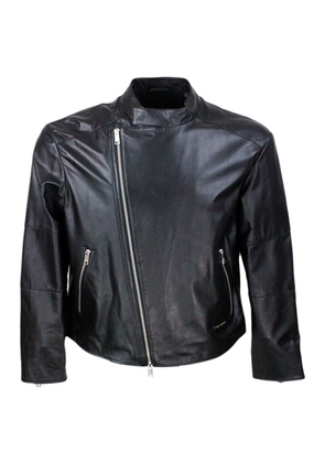 Armani Collezioni Jacket With Zip Closure Made Of Soft Lambskin With Perforated Leather Details. Zip On Pockets And Cuffs