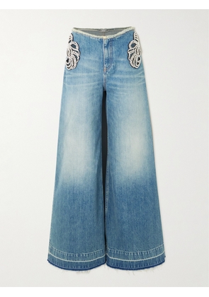 Stella McCartney - Cutout Crystal-embellished Frayed Mid-rise Wide-leg Organic Jeans - Blue - 24,25,26,27,28,29,30,31,32,33