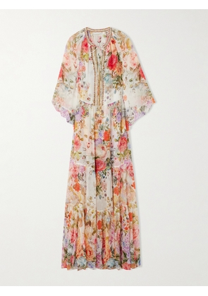 Camilla - Crystal-embellished Tiered Ruffled Floral-print Silk-crepon Maxi Dress - Cream - xx small,x small,small,medium,large,x large,xx large