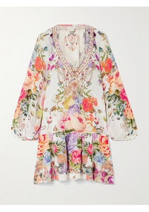 Camilla - Crystal-embellished Tiered Floral-print Silk Crepe De Chine Mini Dress - Cream - x small,small,medium,large,x large