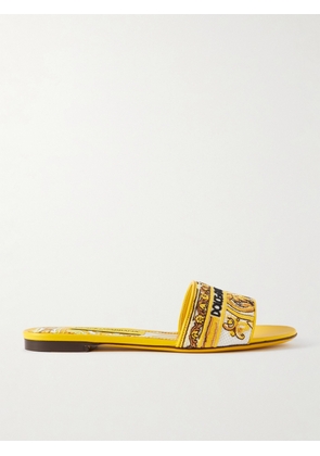 Dolce & Gabbana - Bianca Embroidered Leather-trimmed Canvas Slides - Yellow - IT35,IT36,IT36.5,IT37,IT37.5,IT38,IT38.5,IT39,IT39.5,IT40,IT40.5,IT41,IT42