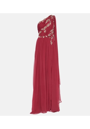 Costarellos One-shoulder embroidered silk gown