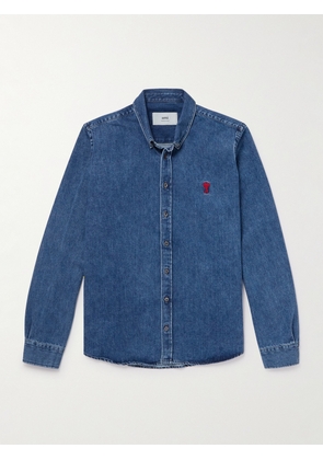 AMI PARIS - ADC Button-Down Collar Logo-Embroidered Denim Shirt - Men - Blue - XS