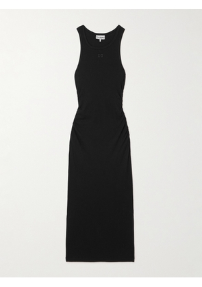 GANNI - Ruched Ribbed Organic Cotton-blend Midi Dress - Black - xx small,x small,small,medium,large,x large
