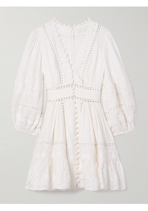 Zimmermann - Pop Appliquéd Guipure Lace-trimmed Linen Mini Dress - Ivory - 00,0,1,2,3,4