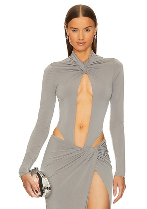 LaQuan Smith Keyhole Bodysuit With Ruched Neck Detail in Grey. Size XL.
