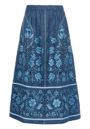 Vita Kin floral-embroidered linen midi skirt - Blue