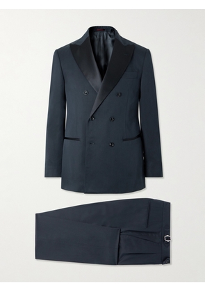 Brunello Cucinelli - Slim-Fit Double-Breasted Silk Satin-Trimmed Cotton and Silk-Blend Twill Tuxedo - Men - Blue - IT 48