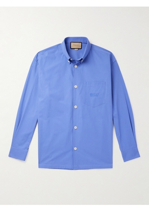 Gucci - Button-Down Collar Logo-Embroidered Cotton-Poplin Shirt - Men - Blue - IT 48