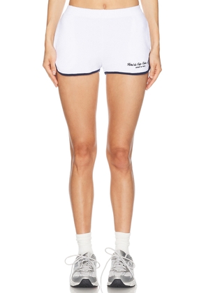 Sporty & Rich Hotel Du Cap Cursive Terry Short in White & Navy - White. Size L (also in M, S, XS).