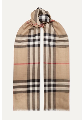 Burberry - Frayed Checked Wool And Silk-blend Scarf - Neutrals - One size