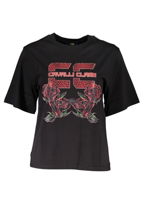 Cavalli Class Chic Black Printed Cotton Tee with Logo Detail - XS