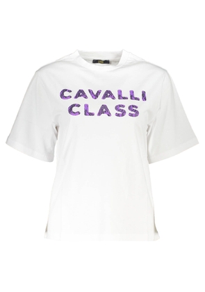 Cavalli Class Elegant White Cotton Tee with Designer Print - XS