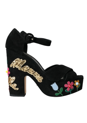 Dolce & Gabbana Black Floral Ankle Strap Heels Sandals Shoes - EU39/US8.5