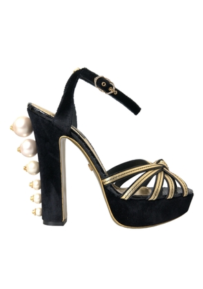 Dolce & Gabbana Black Gold Embellished Heels Sandals Shoes - EU39/US8.5