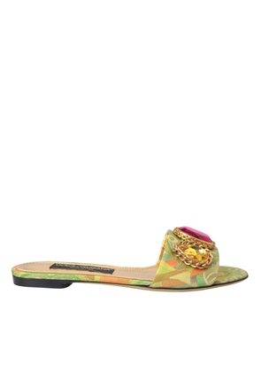 Dolce & Gabbana Green Crystal Jacquard Flats Sandals Shoes - EU38/US7.5