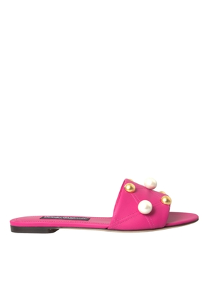 Dolce & Gabbana Pink Embellished Leather Flats Sandals Shoes - EU39/US8.5