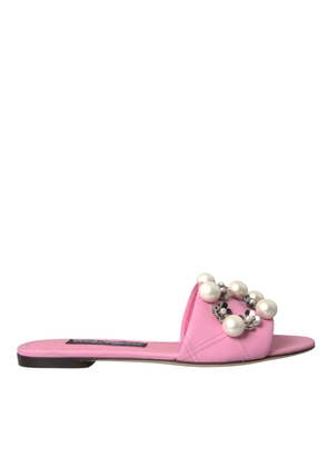 Dolce & Gabbana Pink Embellished Leather Flats Sandals Shoes - EU39/US8.5