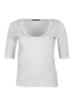 Fabiana Filippi Ribbed Cotton T-Shirt With U-Neck, Elbow-Length Sleeves Embellished With Rows Of Monili On The Neck And Sides